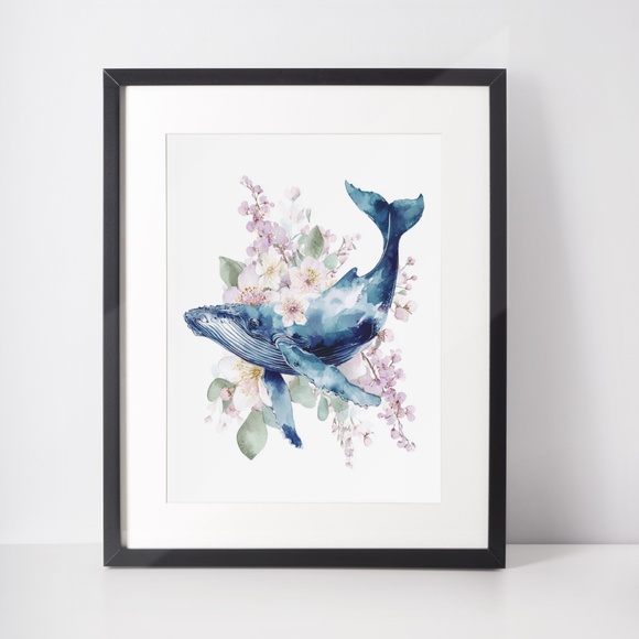 Watercolor Floral Humpback Whale Portrait Wall Art Illustration Print Unframed - Picture 2 of 6